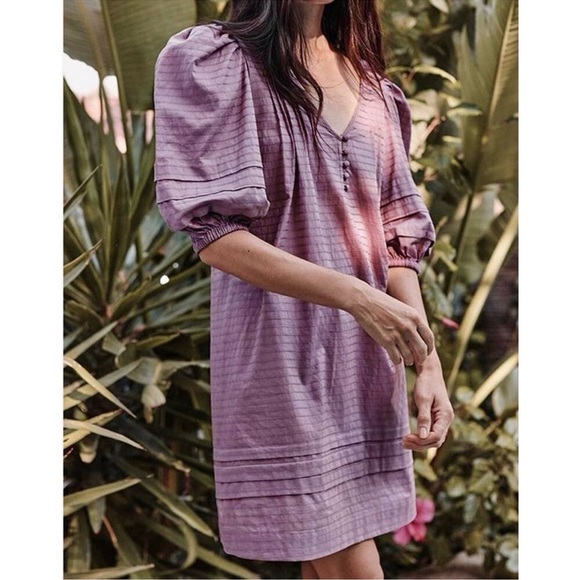 Summersalt The Cotton Pintuck Dress Womens Size XS Plum Boho Puff Sleeve Mini - Picture 1 of 13